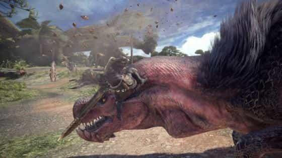 Скриншот, на котором персонаж расправляется с одним из огромных динозавров в Monster Hunter: World