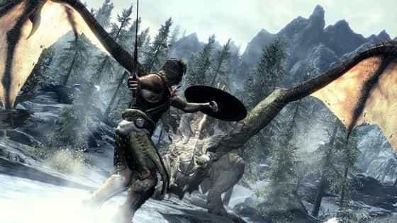Драконорожденный сталкивается с драконом на скриншоте из Skyrim