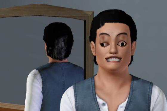 персонаж Sims отражается в зеркале со спины