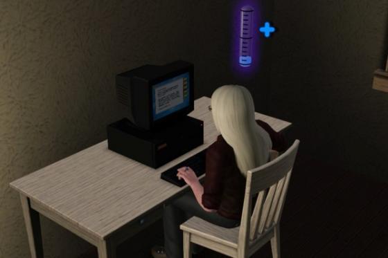 персонаж Sims сидит за компьютером